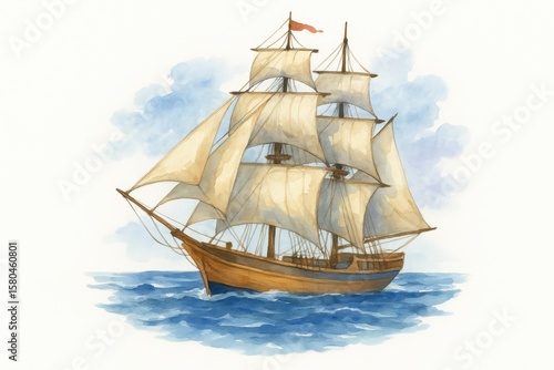 Wallpaper Mural A beautiful watercolor painting of a wooden sailing ship with billowing white sails cruising across the ocean waves. Perfect for maritime history, sailing enthusiasts, or adventure content.
 Torontodigital.ca