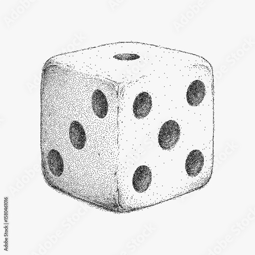 White die with black dots on it. Grainy retro stipple drawing, bold photocopy threshold effect. Rough halftone dot texture, vintage zine vibes.