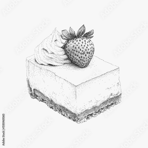 Strawberry sits on top of a cake. Handmade stipple ink illustration, photocopy paper texture with noisy halftone dots and threshold effect.