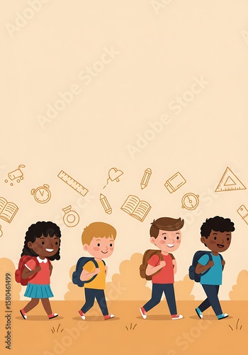 Four diverse children walk to school with backpacks, surrounded by school-themed icons.