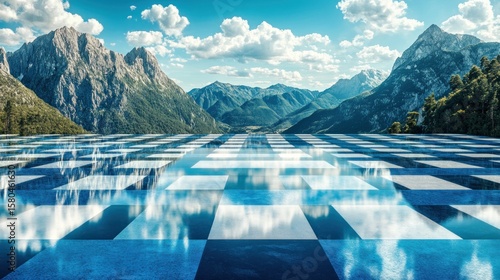 Checkered platform reflecting mountain scenery