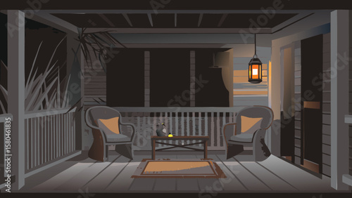 Illustration of a dimly lit porch with wicker chairs, a table, and a hanging lantern providing light