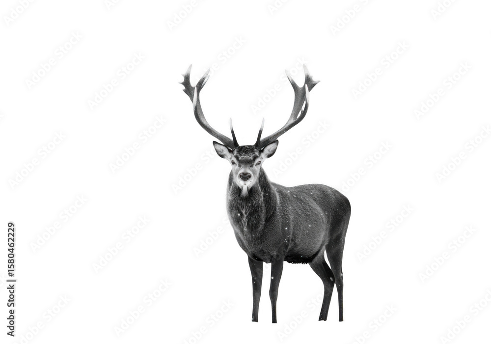 Fototapeta premium A majestic stag with large antlers stands proudly isolated on a transparent background, showcasing its powerful presence in the winter season
