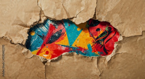 Torn brown paper revealing colorful abstract painting with red blue and yellow hues and brushstrokes