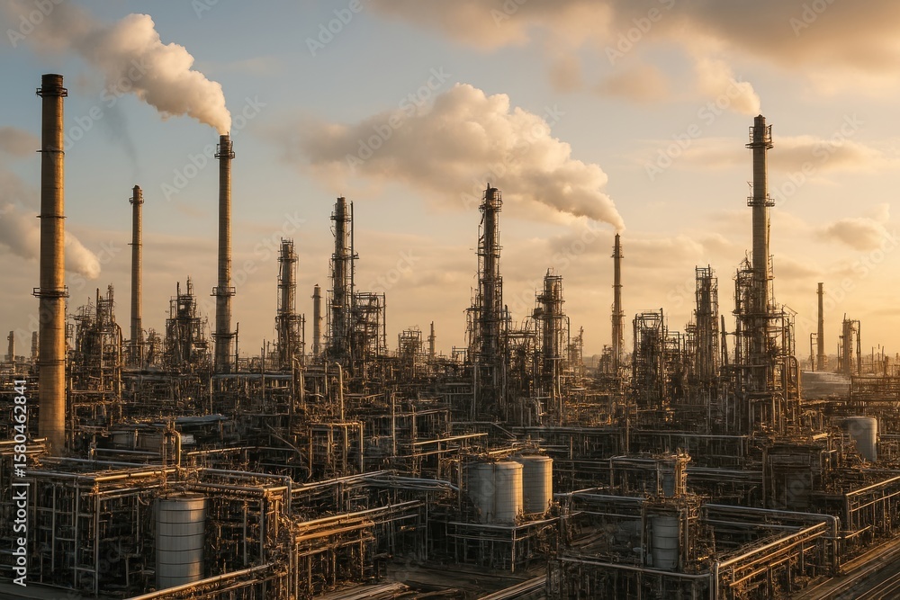 Fototapeta premium Industrial refinery with smokestacks.