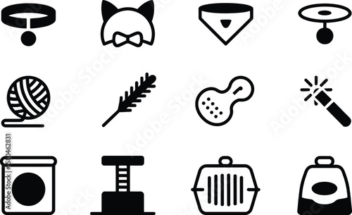 Collection of cat accessories and toys in simple silhouette style