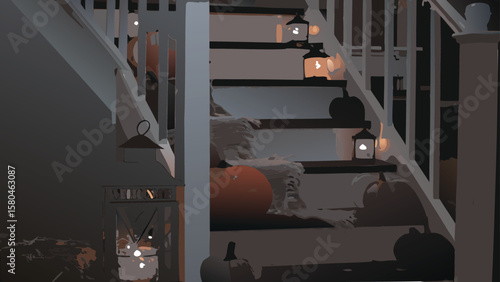 A staircase decorated with pumpkins and lanterns for halloween celebration at home interior view is seen