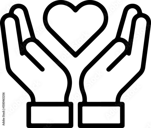 Two open hands gently holding a heart symbol in a clean line art illustration