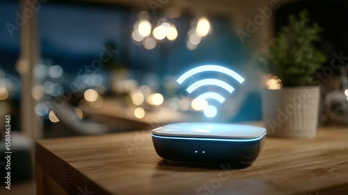 Sleek modern Wi-Fi router placed on a warm wooden table, glowing blue signal icon hovering above it, surrounded by smart home devices subtly blurred in the background, symbolizing