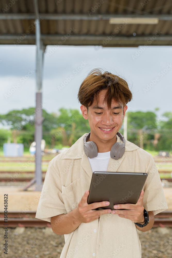 Fototapeta premium Young non binary tourist traveler in train station using tablet computer