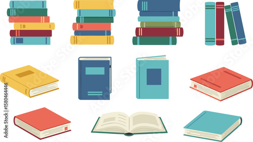 Colorful book set illustration with open and closed books, stacked novels, hardcovers, textbooks, and reading materials in flat design.