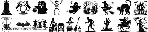 Halloween elements silhouette vector collection with haunted house, witch, ghost, skeleton, cat, and bat designs