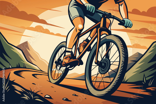 Mountain Biking Adventure on Scenic Trail at Sunset with Vivid Illustration Style