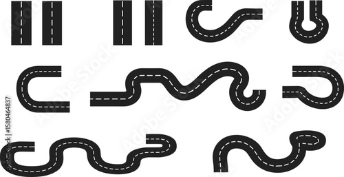Curved and straight road map elements, highway paths and street track set for navigation, traffic, driving, transport, and city planning.