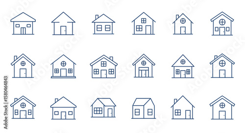 Residential Icons Set: A clean and modern collection of simple residential building icons, perfect for illustrating various housing concepts and design elements.