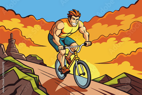 Cartoon Cyclist Riding on a Scenic Mountain Trail at Sunrise