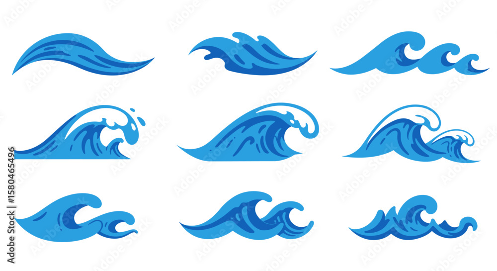 Fototapeta premium Oceanic Movement: A collection of dynamically illustrated waves showcases the raw power and rhythmic beauty of the ocean's ebb and flow. A study in marine energy.