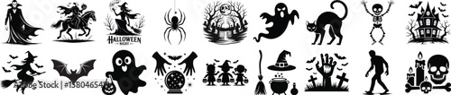 Halloween celebration silhouette vector icons with ghost, witch, skeleton, haunted house, cat, bat, and pumpkin