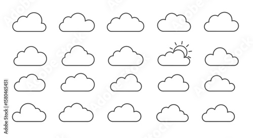 Cloudscape Ensemble: A collection of meticulously crafted cloud illustrations, presenting a variety of atmospheric formations. Evoking a sense of whimsy, serenity.