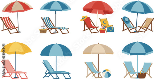 Summer beach set with umbrellas, lounge chairs, picnic items, sun hats, perfect for vacation, travel, relaxation, coastal outdoor fun.