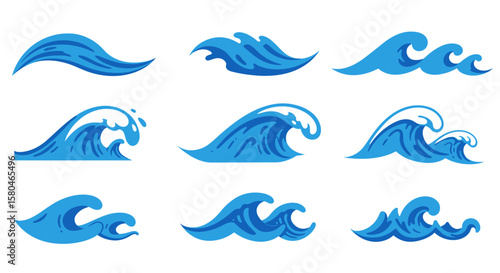 Oceanic Movement: A collection of dynamically illustrated waves showcases the raw power and rhythmic beauty of the ocean's ebb and flow. A study in marine energy.