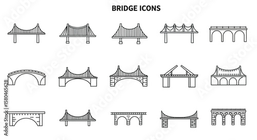 Bridge Icon Set: Collection of various bridge types illustrations, including arch bridges, suspension bridges, and beam bridges. Perfect for construction, engineering, and transportation projects.