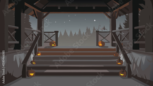 Halloween night scene with pumpkins on stairs leading to a porch with a forest backdrop under a starry sky