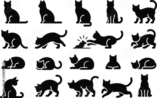 Cat silhouette vector collection with sitting, walking, and playing poses for pet, animal, and cartoon design