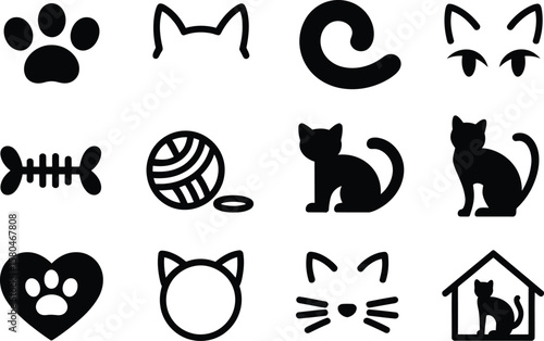 Cat icon silhouette vector set with paw, ear, tail, fishbone, yarn, heart, and house for pet and animal design