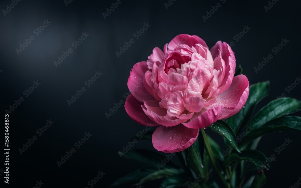 Fototapeta premium Close up of a vibrant pink peony flower with water droplets against a dark background