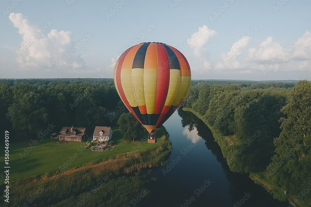 Obraz premium A colorful hot air balloon floats above a quiet river with lush forests and country houses during a peaceful morning