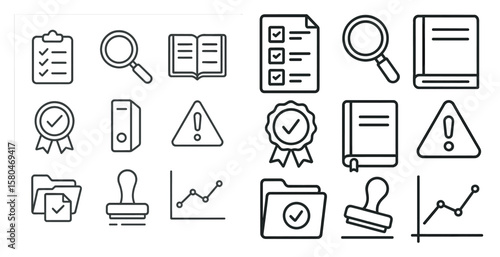 Set of icons for a computer program. The icons include a magnifying glass, a book, a check mark, a red X, a book with a red X, a book with a check mark, a book with a red X