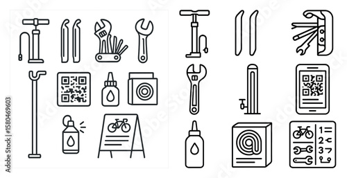 Set of tools and items for a bike repair. The image is of two sets of tools, one with a lot of items and the other with only a few