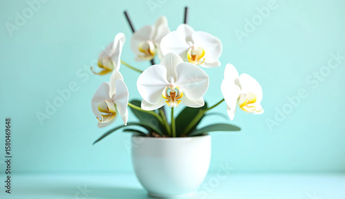 Wallpaper Mural Potted lily of the valley on pastel blue background with blank space for copy space. Torontodigital.ca