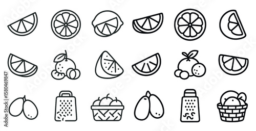 Collection of fruit and vegetable icons in black and white. The icons include a lemon, an orange, a tomato, a cucumber, and a grater
