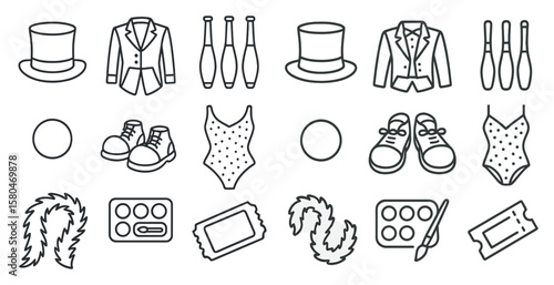 Collection of circus-related items including hats, shoes, and clothing. The items are drawn in a stylized, cartoonish way
