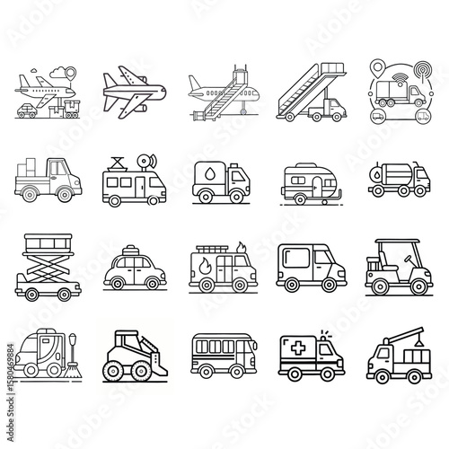 Collection of airport and transportation vehicle line art icons isolated on white background