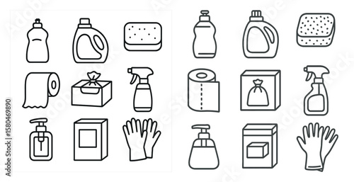 Set of cleaning supplies, including a box of gloves, a bottle of soap, and a box of paper towels. The supplies are arranged in a way that suggests they are ready for use