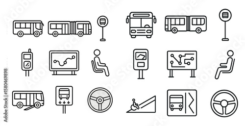 Collection of bus icons including a bus, bus stop, and bus driver. The icons are all in black and white
