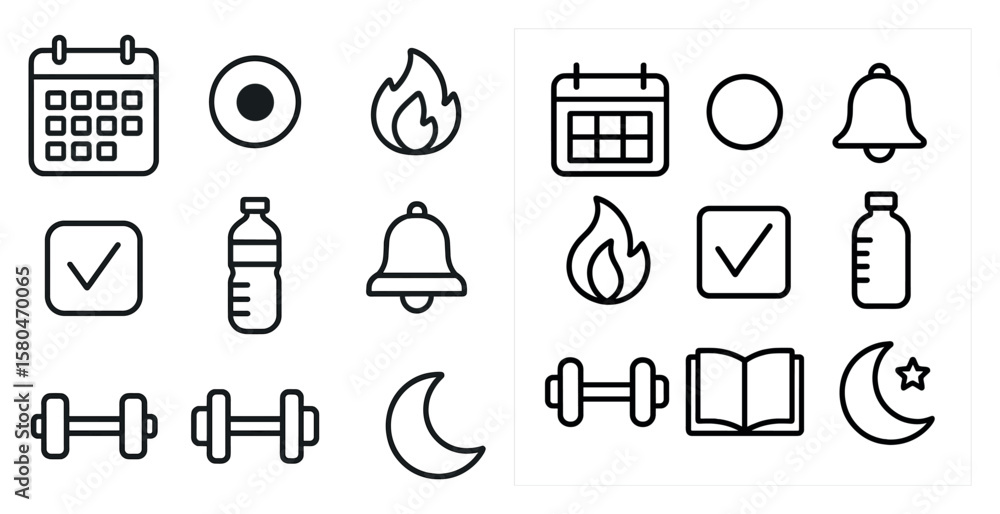 Naklejka premium Set of icons for a calendar app. The icons include a bell, a book, a water bottle, a gym, a clock, a star, a moon, and a fire. The icons are all in black and white