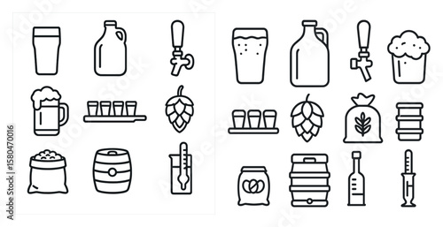 The image is of various beer and liquor items, including bottles, glasses, and a tap. Scene is casual and relaxed, as it is a collection of items commonly associated with social gatherings