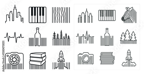 Collection of icons including a bottle, a book, a camera, a keyboard, a zebra, a bottle, a tree, a book, a camera, a bottle, a tree, a book, a camera, a bottle, a tree