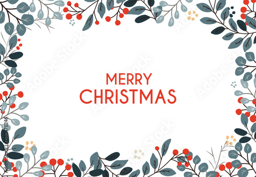 Flat postcard with a frame of branches and rowan with the inscription Merry Christmas.