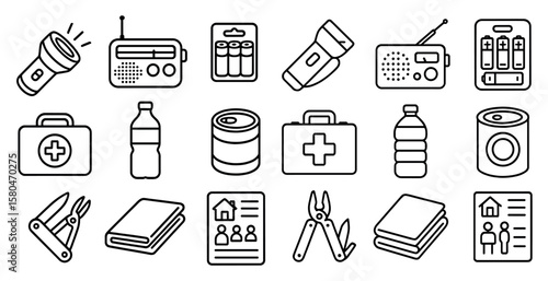 Collection of various items that are related to emergency situations. The items include a first aid kit, a flashlight, a radio, and a bottle of water. Scene is one of preparedness