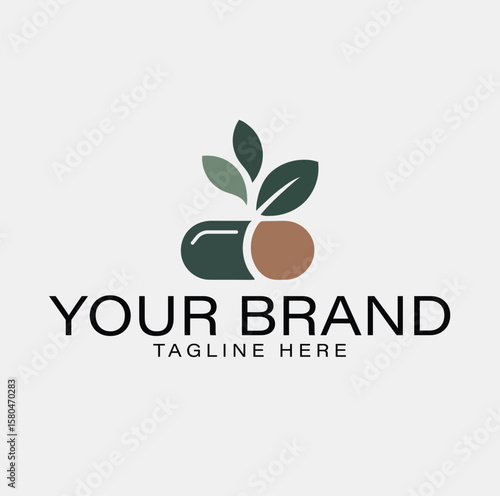 Natural Health Brand Logo Featuring a Capsule and Leaves