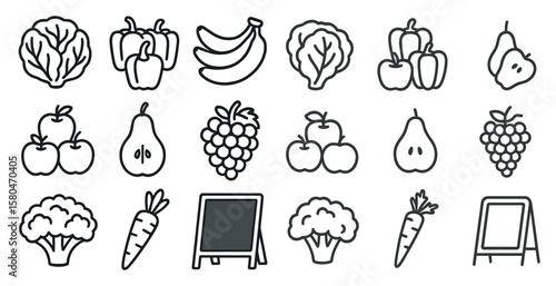 Collection of fruits and vegetables in a black and white style. The fruits include apples, pears, and grapes, while the vegetables include broccoli, carrots, and lettuce