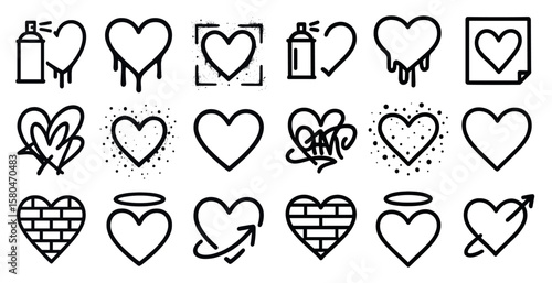 Collection of hearts with spray paint on them. Some of the hearts have graffiti on them. The spray paint and graffiti give the hearts a rebellious and edgy feel