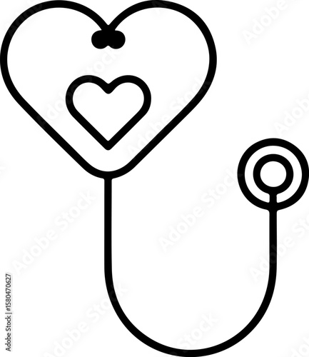 Simple black line art stethoscope with a heart symbol for medical care