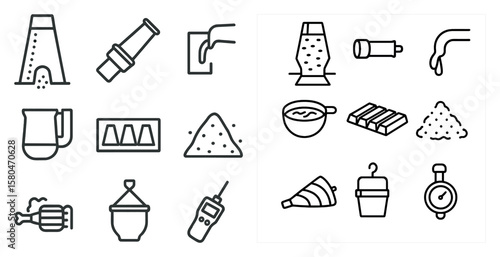 Set of icons for kitchen appliances and utensils. The icons include a cup, a spoon, a bowl, a knife, a bottle, a cup, a bowl, a spoon, a cup, a bowl, a spoon