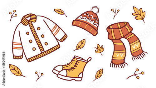 Illustration of autumn clothing items including a jacket, hat, scarf, boots and falling leaves design